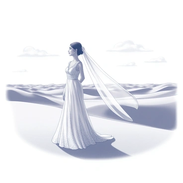 A bride standing alone in a vast desert landscape. She is wearing an elegant wedding gown with intricate lace detailing. The gown flows naturally around her, with a long train trailing behind her in the sand. A delicate veil billows in the wind, creating an ethereal effect as it streams out behind her. The sun casts soft shadows on the sand dunes surrounding her, creating a sense of isolation and tranquility. Her expression is contemplative as she gazes into the distance. The sky above is expansive, with a few wispy clouds scattered.
