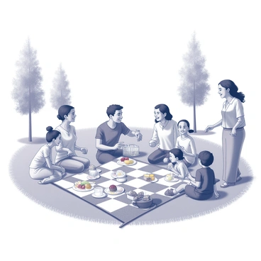 A picnic scene unfolds on a grassy area. Families from various backgrounds are gathered together, enjoying the day. One family spreads out a large, checkered blanket, which is adorned with a variety of colorful dishes, including fruits, sandwiches, and pastries. Children are playing nearby, running and laughing with each other. Some adults are seated, engaging in conversations and sharing stories, their expressions depicting joy and camaraderie. In the background, tall trees provide shade, and a few scattered picnic baskets and plates can be seen. The sky above is bright and cloudless.