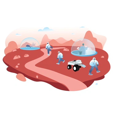 A colony on Mars features multiple domed habitats, constructed with transparent materials, allowing a view of the interior. The domes are interconnected by walking paths made of reddish soil. Several people are exploring the red landscape; they are dressed in futuristic space suits with helmets. In the background, rocky Martian terrain is visible, with scattered boulders and dusty hills under a light orange sky. A rover is parked near one of the domes, and the distant horizon reveals the outline of mountain-like formations.