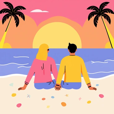 A beach scene featuring a couple sitting side by side on the sand. The sky is filled with vibrant colors of orange, pink, and purple as the sun sets on the horizon. The couple is facing the ocean, with the waves gently lapping at the shore. The couple is holding hands, and they are surrounded by seashells scattered on the sand. In the background, palm trees are silhouetted against the colorful sky.