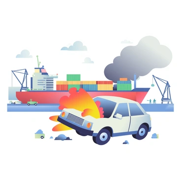 A car explosion at a busy harbor with ships and cranes in the background