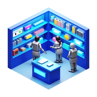 A high-tech shop interior with sleek, futuristic design elements. Robotic staff members are actively assisting customers, showcasing their chrome bodies and glowing interfaces. Shelves are filled with various digital goods, including holographic devices, smart gadgets, and advanced electronics. The lighting is bright and modern, enhancing the vibrant colors of the merchandise displayed throughout the store.