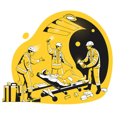 A team of rescue workers wearing helmets and safety gear is working together in a metro tunnel. The workers are using flashlights to illuminate the dark surroundings, revealing the curved walls of the tunnel and the tracks below. One worker is tending to an injured person lying on a stretcher, while another is communicating with emergency services via a radio. Tools and equipment are scattered around, including a large first aid kit and various medical supplies. The atmosphere is focused and urgent, with the workers collaborating efficiently to handle the emergency situation.