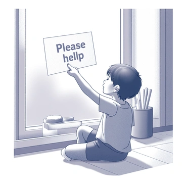 A child is sitting on the floor by a window, holding up a piece of paper. The drawing features the words "Please Help" prominently displayed in bold letters. The child has a focused expression, and their other hand rests on their knee. The window allows light to filter in, casting soft shadows on the floor. The room contains a few scattered art supplies and toys in the background, adding context to the scene.