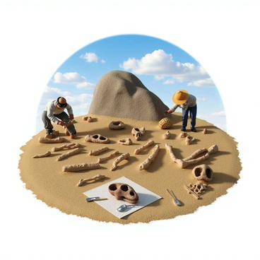 An illustration of various dinosaur bones being excavated at a paleontological site.