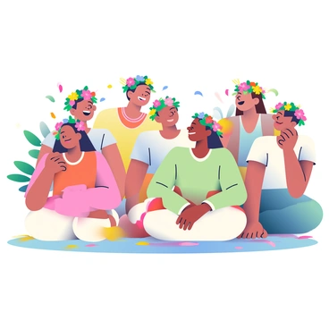 A group of people is gathered in a vibrant outdoor setting, each wearing floral crowns made from an assortment of blossoms in bright Holi colors, such as pink, yellow, green, and blue. The crowns are full and lush, featuring various flowers interspersed with greenery. The individuals are smiling and laughing, enjoying the festive atmosphere. Some are dressed in traditional white clothing that contrasts beautifully with the colorful crowns, while others wear shirts and dresses in shades that complement the floral arrangements. In the background, colorful powder is visible, scattered on the ground and in the air, adding to the celebratory ambiance.