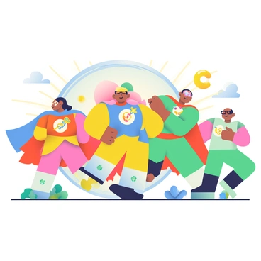 A group of vibrant superhero characters, each representing a lysosome, are depicted in dynamic poses. They have colorful, rounded bodies resembling the shape of lysosomes, with bright yellow, orange, and green hues. Each character wears a unique costume that incorporates elements of their biological function, such as capes made of stylized enzymes and masks that resemble protective shields. They are surrounded by various types of cellular waste, including debris and old organelles, which they are actively cleaning up. The background features the intricate structure of a cell, with a semi-transparent cell membrane and other organelles visible, highlighting the heroes' role in maintaining cellular health. The scene radiates energy as the lysosome superheroes work together to protect the cell from waste.