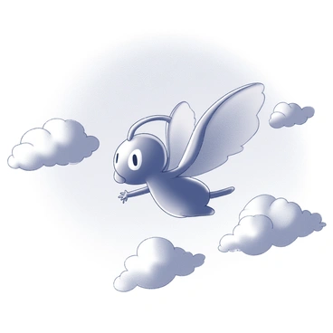 A winged Pikmin is depicted in mid-flight, the small creature with delicate wings is gracefully soaring through the sky. It has its arms outstretched, capturing the essence of motion and freedom. Surrounding the Pikmin are fluffy clouds, with their soft, billowy forms creating a dreamy backdrop. The clouds vary in size and shape, enhancing the sense of height and lightness in the scene. The overall atmosphere reflects a feeling of playful adventure in a vast, open blue sky.
