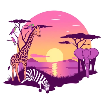A vibrant sunset sky with shades of orange and pink illuminates a whimsical safari scene. A tall giraffe with a patterned coat grazes near a cluster of acacia trees. Nearby, a group of colorful parrots is perched on the branches, their feathers gleaming in the warm light. On the ground, a playful zebra rolls in the grass, showcasing its bold black and white stripes. In the distance, an elephant with large ears stands gracefully, reflecting the glowing hues of the sunset. The entire scene is filled with a sense of playful energy and the beauty of nature.