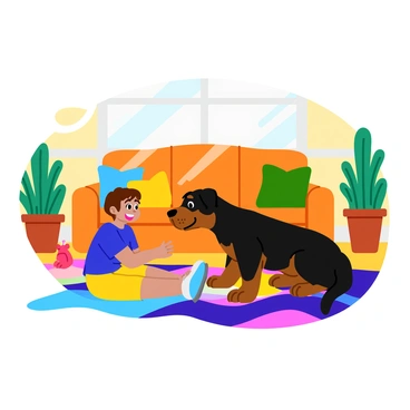 A Rottweiler with a glossy black and brown coat is playfully interacting with a small child on a soft, colorful rug in a living room. The child, wearing a bright blue t-shirt and yellow shorts, is laughing and reaching out to the dog. Sunlight streams through a large window, illuminating the room, which is furnished with a cozy couch and a few plush toys scattered around. The Rottweiler has a happy expression, with its tail wagging, as it gently nudges the child's hand with its nose. There are green potted plants in the corners of the room, adding a touch of nature to the vibrant scene.