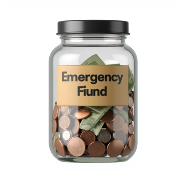 A glass jar with a rounded body and a sealed metal lid, prominently featuring a label that reads "Emergency Fund" in bold lettering. The jar is filled to the brim with a colorful assortment of coins, including pennies, nickels, dimes, and quarters, alongside small folded bills in various denominations. The sunlight reflects off the glass surface, creating highlights that accentuate the shiny coins inside. The background is simple and unobtrusive, focusing attention on the jar and its contents.