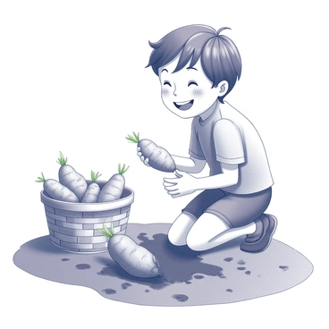 A child with a bright smile is kneeling on the ground, digging through the soil with small hands. The child is wearing a simple shirt and shorts, their hair tousled with excitement. Nearby, there is a woven basket filled with freshly harvested sweet potatoes, some of them peeking out over the edge. The scene captures the child's joyful expression as they pull a sweet potato from the earth, dirt clinging to the vegetable. Around them, the ground is uneven and textured, showcasing a garden setting.