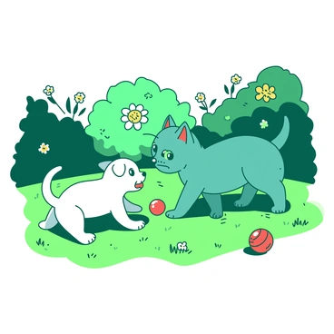 A teal tom kitten with bright green eyes is playfully swatting at a small white puppy that is jumping around excitedly. The backyard is filled with lush green grass and a few colorful flowers scattered throughout. Sunlight is shining down, casting playful shadows on the ground. The puppy's ears are flopping as it pounces towards the kitten, while the kitten is crouched low, ready to spring away in a game of chase. Nearby, there is a red ball that has rolled slightly out of reach.