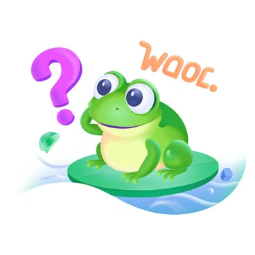 A cartoon frog with bright green skin sitting on a round, green lily pad. The frog has large, expressive eyes and is scratching its head with one of its webbed feet. Above the frog, there is a prominent question mark in a bold, playful font. The background includes rippling water to emphasize the frog's natural habitat.