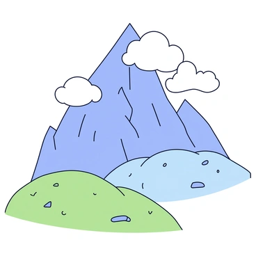 A tall mountain peak with rugged, rocky surfaces rises prominently against a clear sky. The peak is partially covered by fluffy white clouds that swirl around its base. The mountain has sharp edges and slopes that illustrate its grandeur. In the foreground, a gentle slope leads up toward the mountain, covered with green grass and small rocks. The overall scene conveys a sense of height and elevation.