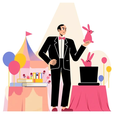 A magician standing confidently on a wooden stage at a fair. He is dressed in a classic black tuxedo with a white shirt and a red bow tie. A tall black top hat rests on the table next to him, alongside a deck of colorful playing cards. The magician is dramatically pulling a bright red rabbit out of the hat, with the rabbit's long ears flopping in the air. Colorful balloons and a cheering audience are in the background, emphasizing the excitement and energy of the performance. The spotlight shines down on the magician, highlighting his focused expression.