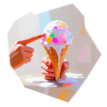A close-up view of a hand holding a melting ice cream cone. The cone is golden-brown and textured, with a large scoop of colorful ice cream that is beginning to drip down the sides. The fingers of the hand are wrapped around the cone, and one finger is extended, pointing directly at the melting scoop. Droplets of ice cream are captured mid-drip, emphasizing the heat of the day. The background is softly blurred to keep the focus on the hand and the melting ice cream.