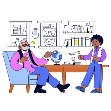 A wise mentor with an elderly appearance, wearing round glasses and a long robe, is sitting in a comfortable armchair. The mentor is facing a young apprentice, who is attentively listening while standing beside a wooden desk. The study is filled with numerous scrolls neatly arranged on shelves and scattered on the desk. A globe and a quill pen are also present on the desk. The walls are adorned with books and maps, creating an inviting atmosphere for learning.