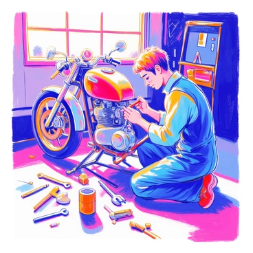 A mechanic in a blue jumpsuit is focused on repairing a motorcycle in a well-lit garage. The motorcycle is raised on a stand, with its shiny chrome parts reflecting the light. The mechanic is using a wrench to adjust a component on the engine. Scattered around the floor are various tools including wrenches, screwdrivers, and a small oil can. There is a toolbox in the background, partially open, revealing more tools inside. A tire is propped against the wall, adding to the organized chaos of the workspace.