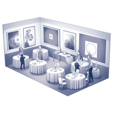 A large indoor space filled with elegantly arranged tables draped in white tablecloths. Each table is adorned with fine china and crystal glasses, while centerpieces of flowers and sculptures add sophistication. The walls are decorated with large artworks, showcasing various styles and themes. Guests are mingling in formal attire, some engaged in animated discussions about the displayed art. A stage is set up for presentations, with a backdrop featuring the fair's logo. Soft lighting creates a warm ambiance, enhancing the overall festive atmosphere of the event.