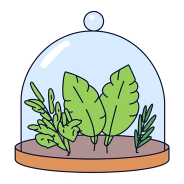 A collection of vibrant green herbs, including basil, rosemary, and thyme, are growing in small clusters. They are placed under a transparent, dome-shaped garden cloche made of glass. The cloche has a round knob on top and is sitting on a wooden surface. Sunlight is filtering through the cloche, illuminating the herbs and enhancing their rich colors.