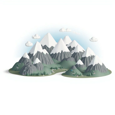 A mountain range, with jagged peaks covered in white snow and rocky surfaces, is viewed from a high vantage point. The range forms the shape of a "zero," creating a circular formation with two distinct ends. The valleys between the mountains are filled with green forests and patches of colorful wildflowers. The sky above is a clear blue, with a few fluffy white clouds scattered throughout. Sunlight casts shadows on the mountain slopes, accentuating their rugged texture.