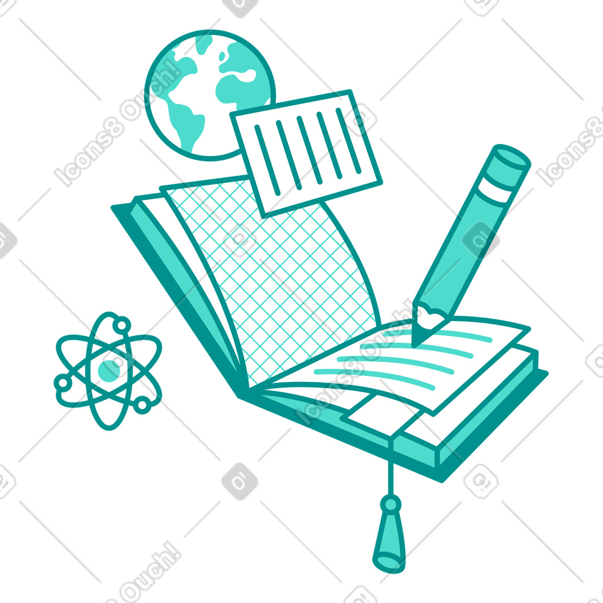 Study materials illustration featuring a copybook, globe, and atom model clipart GIF for school