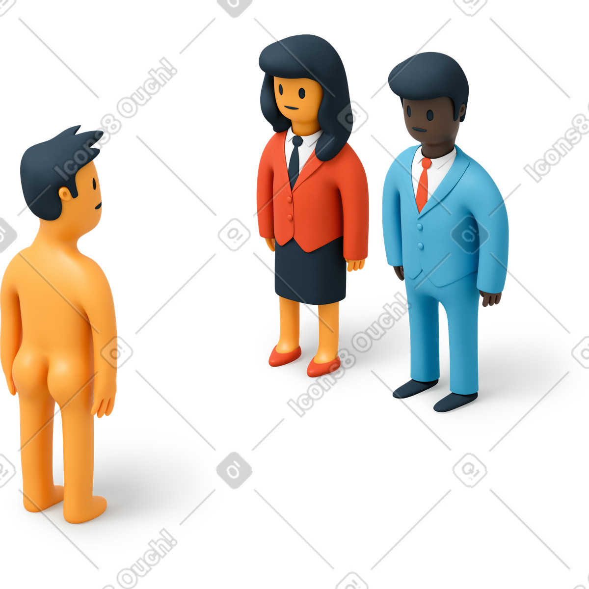 Illustration Rencontre inattendue d'un homme nu, d'affaires et d'une femme dans le style 3D Flame à télécharger aux formats PNG, SVG