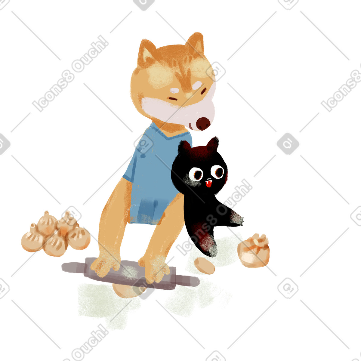 Cat and dog cooking together illustration in Ikigai style download in PNG, SVG