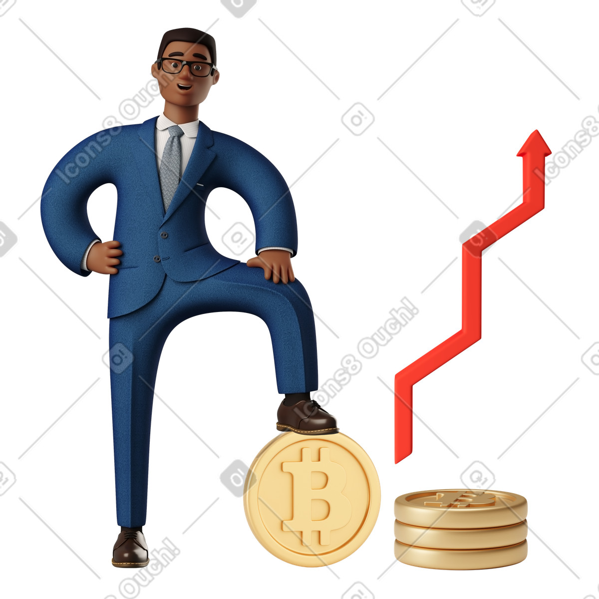 Ilustração de Seta crescimento e moedas criptográficas ao lado do empresário sucesso em no estilo 3D Business para baixar em PNG, SVG