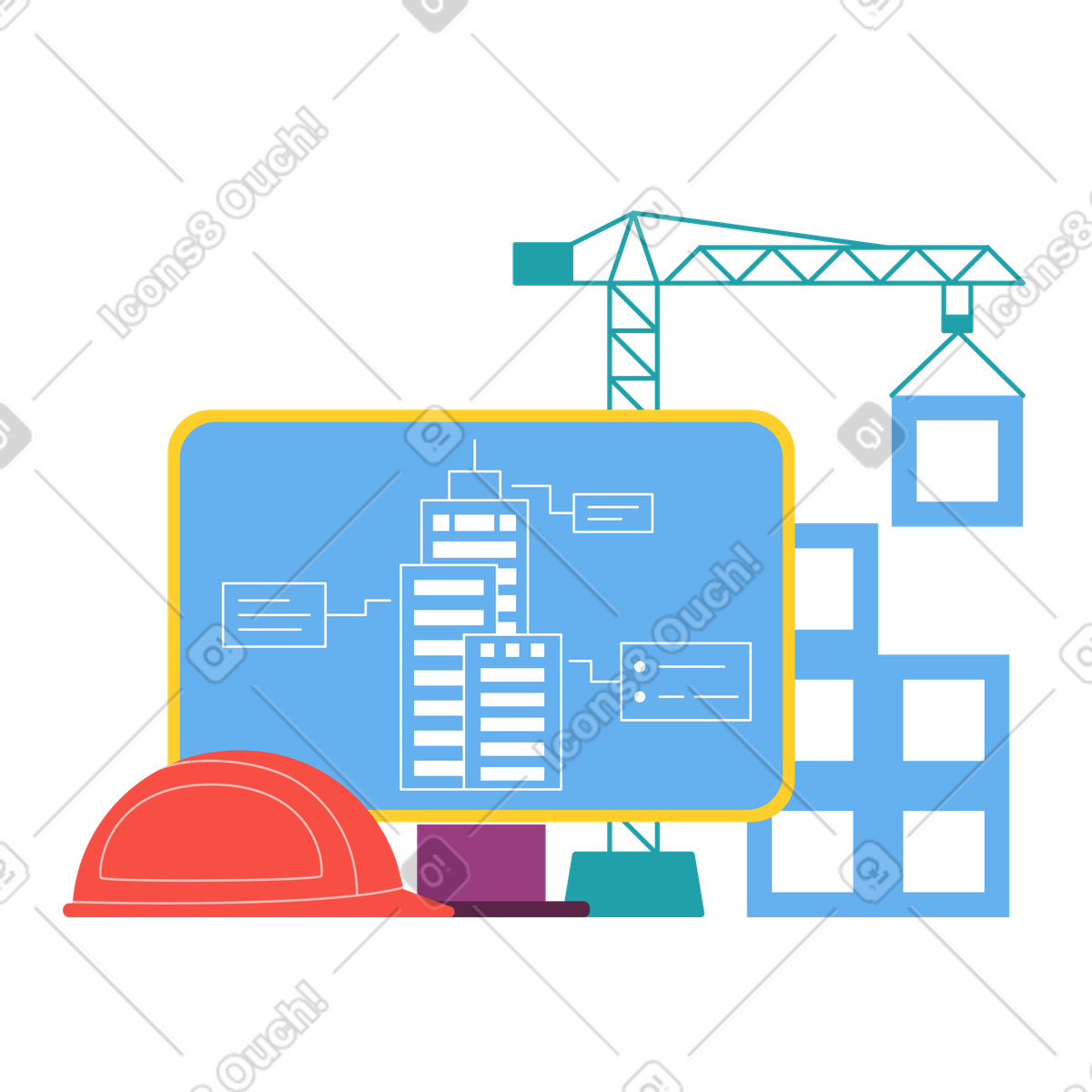 Illustration Construction de bâtiment et plan sur ordinateur dans le style Sammy à télécharger aux formats PNG, SVG