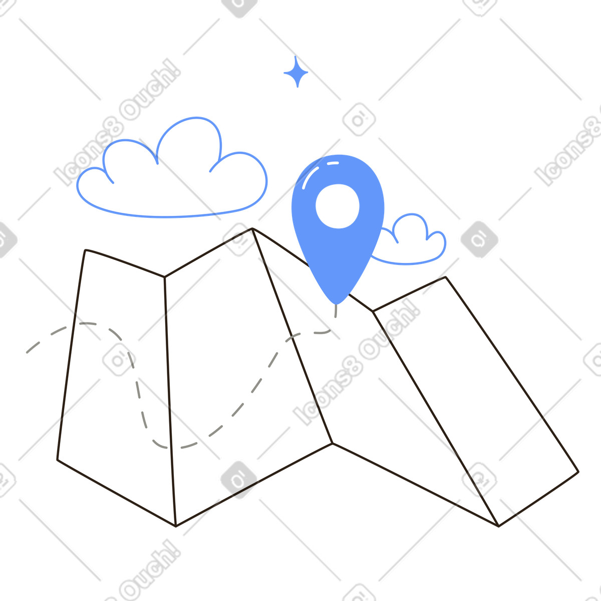 Map and destination marker with dashed route, travel planning wayfinding illustration in Plain style download in PNG, SVG