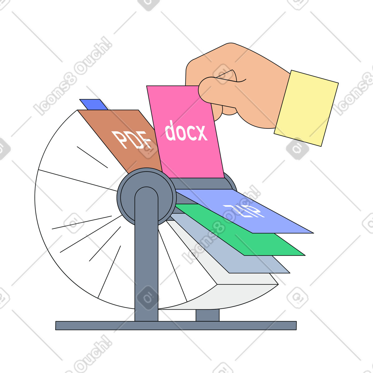 Ilustración Gestión manual de archivos en índice rotatorio, sistema organización documentos digitales estilo Teko a descargar PNG y SVG