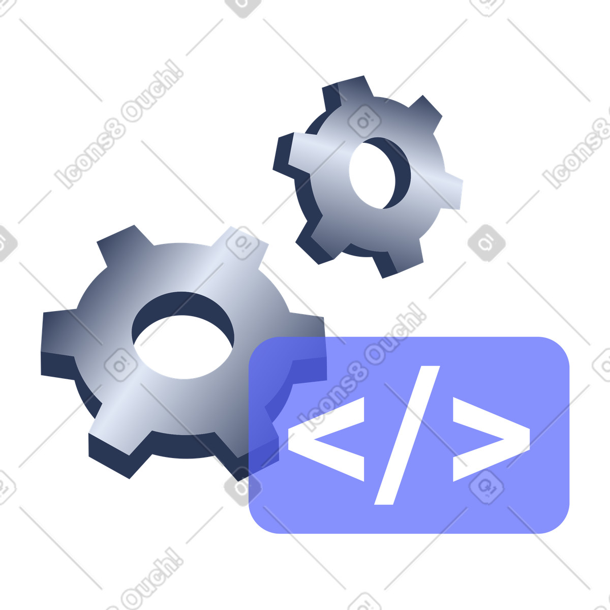 Automated Software Development, Programming Workflow Optimization, Gears with code brackets illustration in PNG, SVG