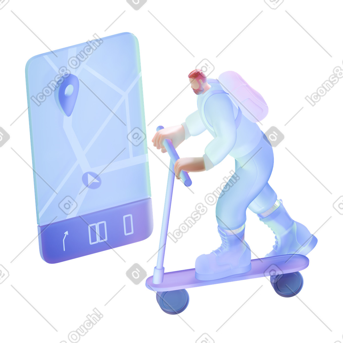 Delivery man on kick scooter with digital map animated illustration in 3D Airy style download in GIF, Lottie (JSON), AE