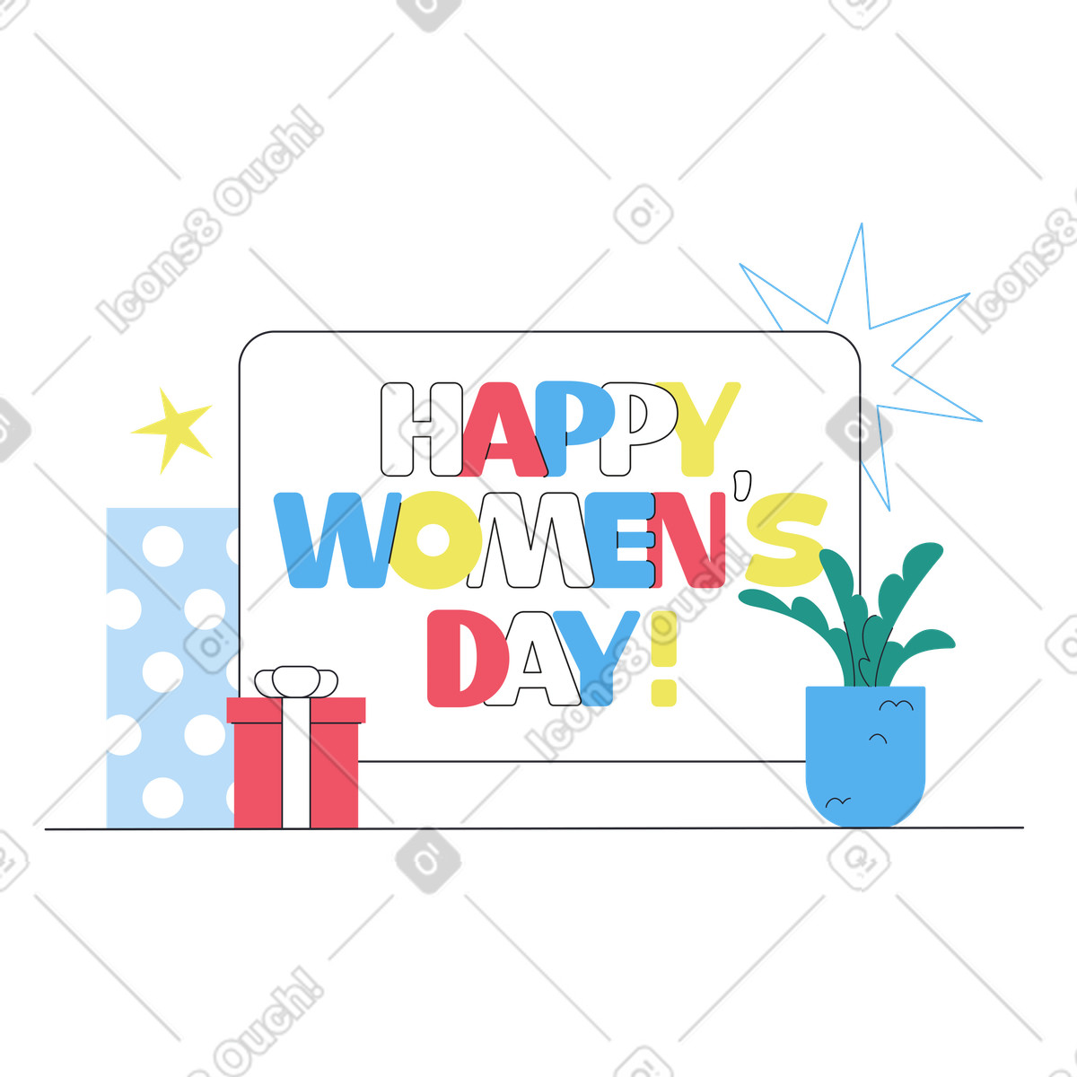 Lettering happy women's day! con regali e fiori illustrazione in stile Boba scarica in PNG, SVG