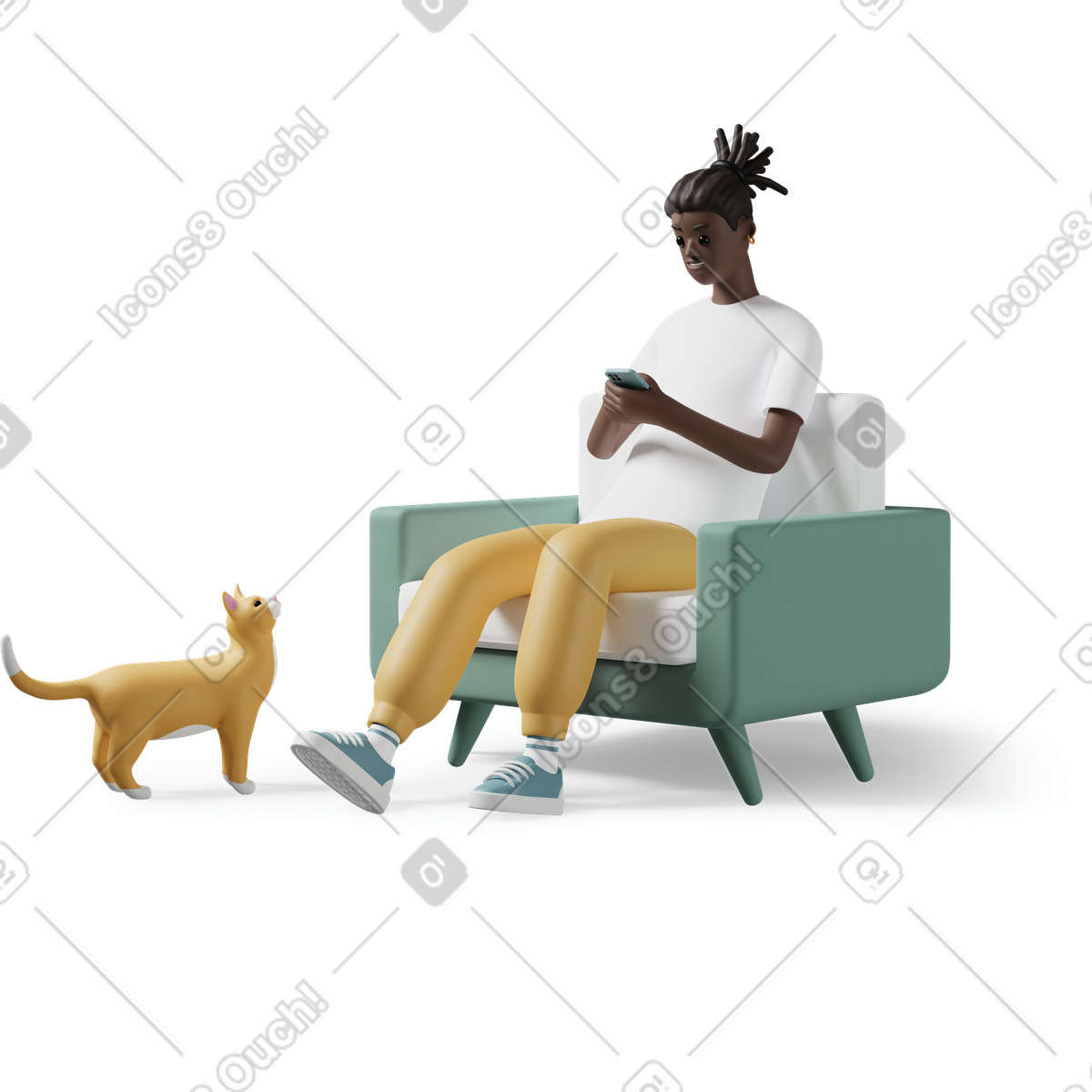 Illustration Jeune homme assis dans un fauteuil avec chat à côté de lui le style 3D Casual life télécharger aux formats PNG, SVG