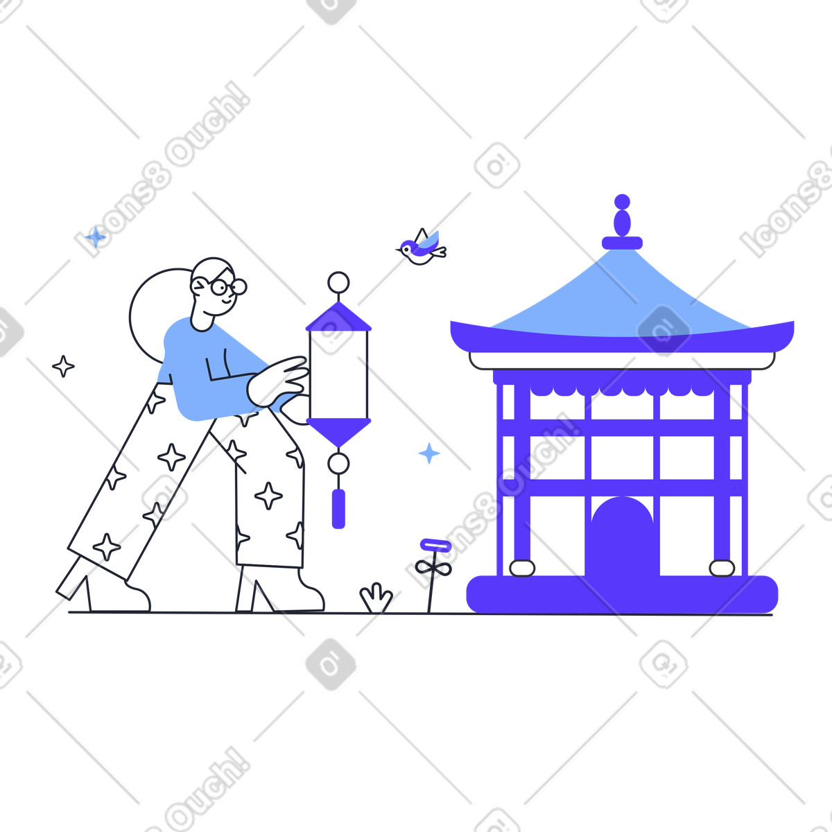 Ilustración Holding festive lantern near pagoda, Lunar New Year celebration en estilo Pablita a descargar en PNG y SVG