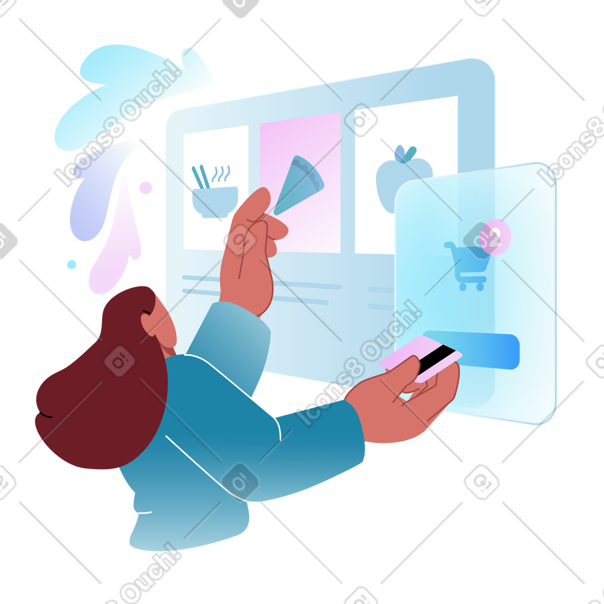 Illustration Customer adding meals to cart on screen, Digital restaurant food ordering dans le style Airy à télécharger aux formats PNG, SVG