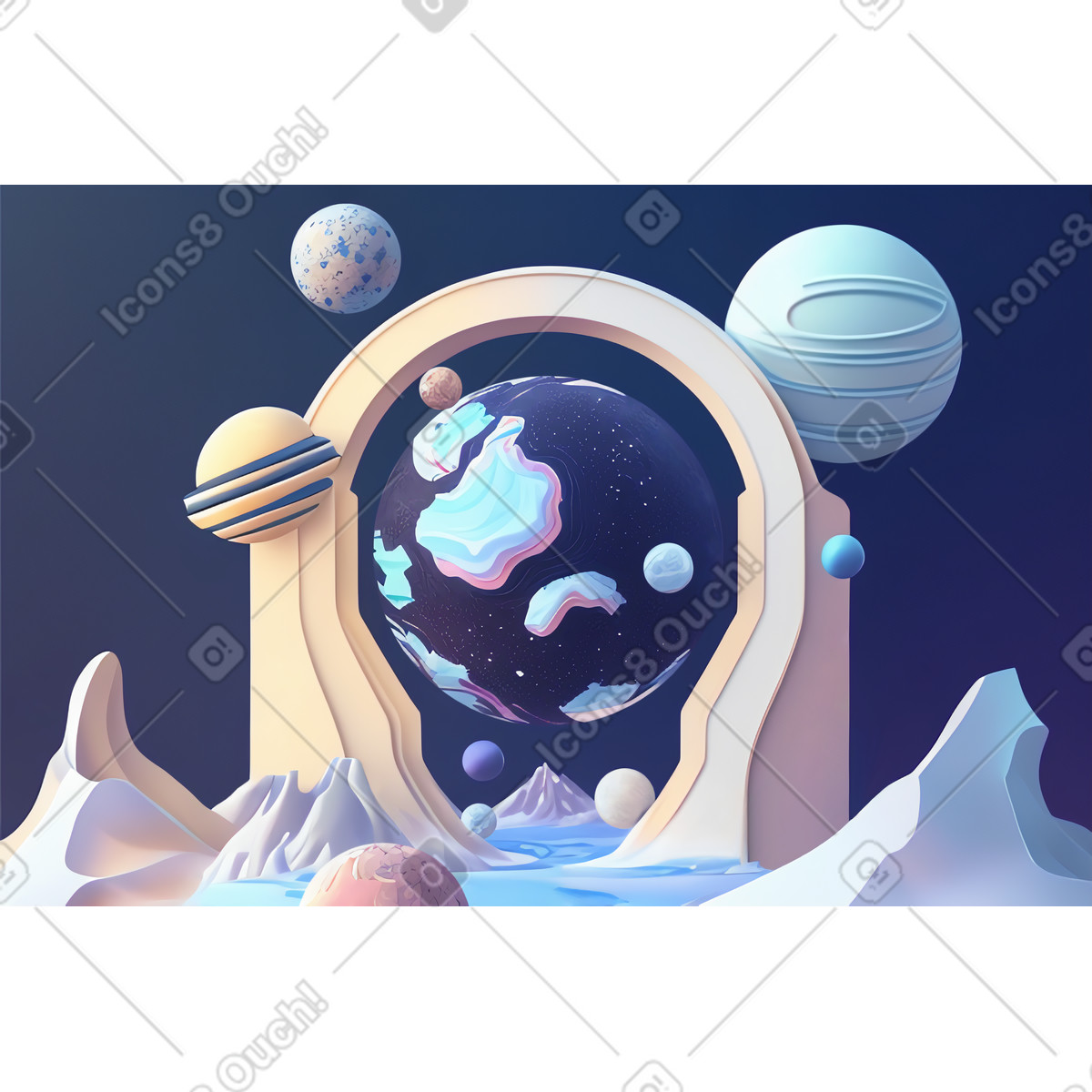 3D planets surrounded by other objects background illustration in Experimental style download in PNG, SVG