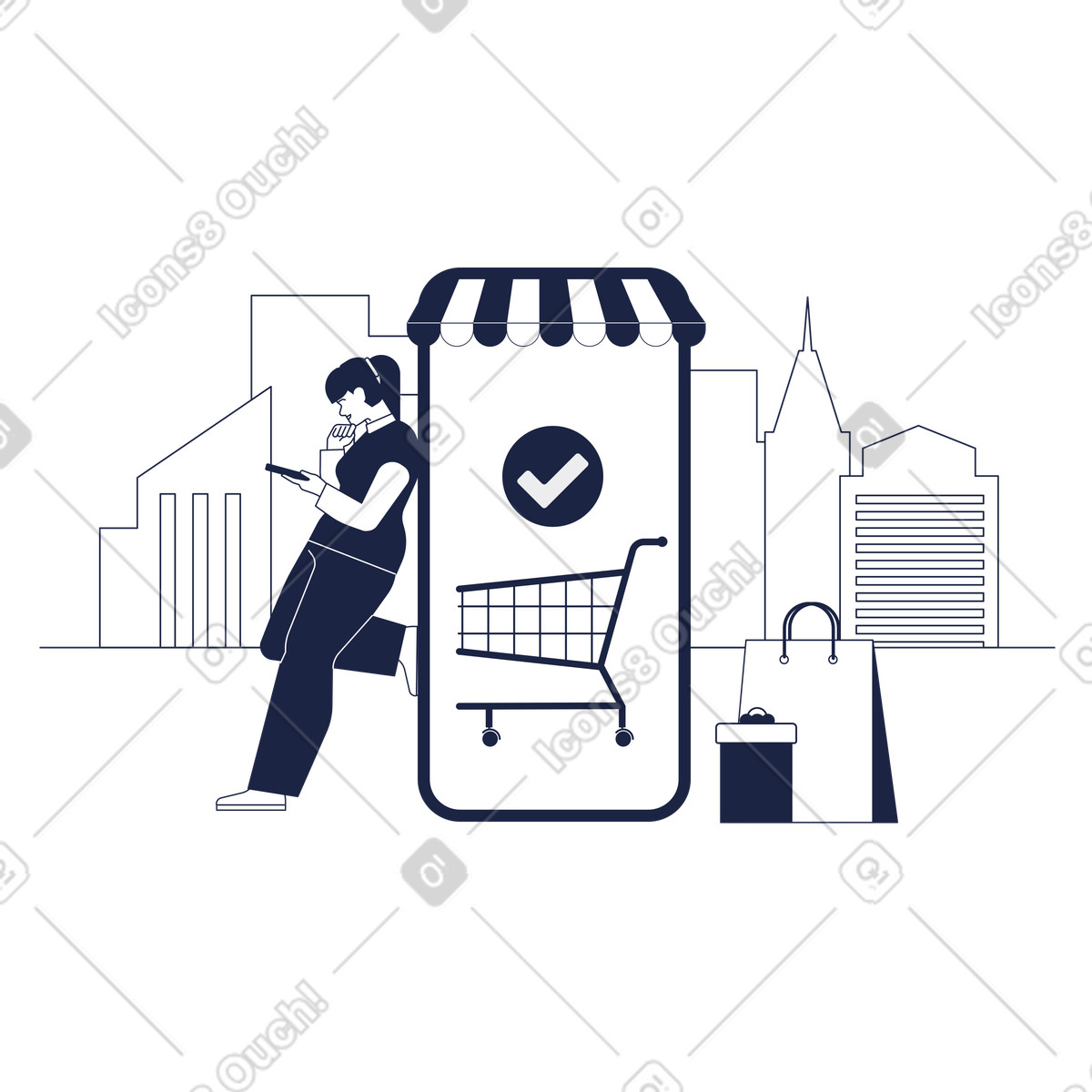 La donna fa acquisti nel negozio online e si trova accanto allo smartphone con il baldacchino dal illustrazione in stile Urban Line scarica in PNG, SVG