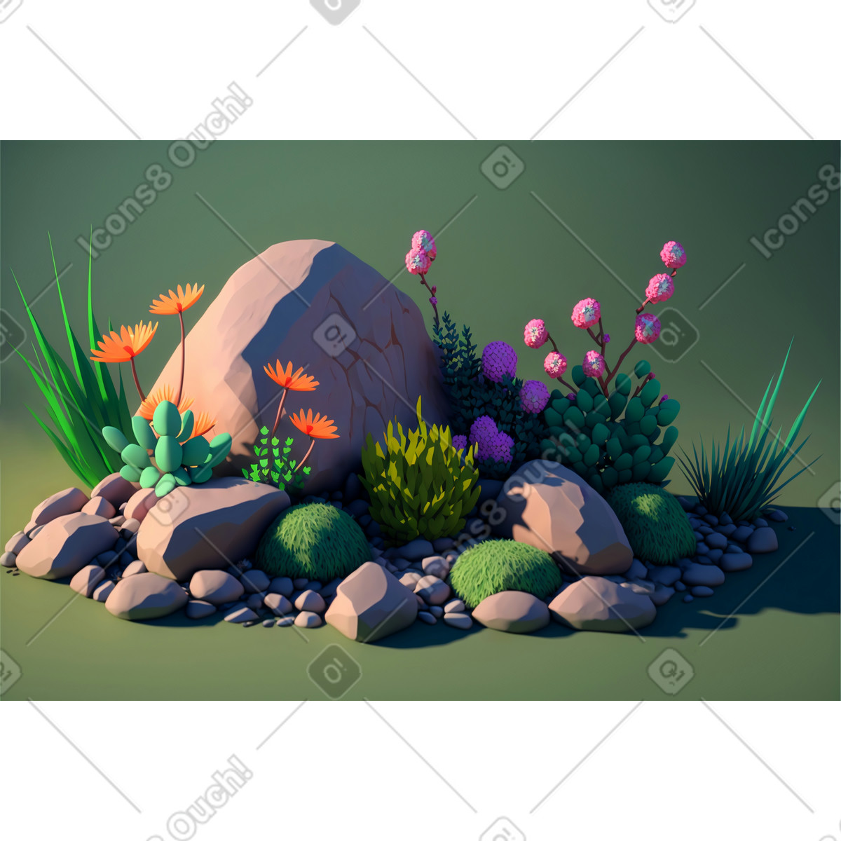 Composizione 3d di fiori con rocce illustrazione in stile Experimental scarica in PNG, SVG