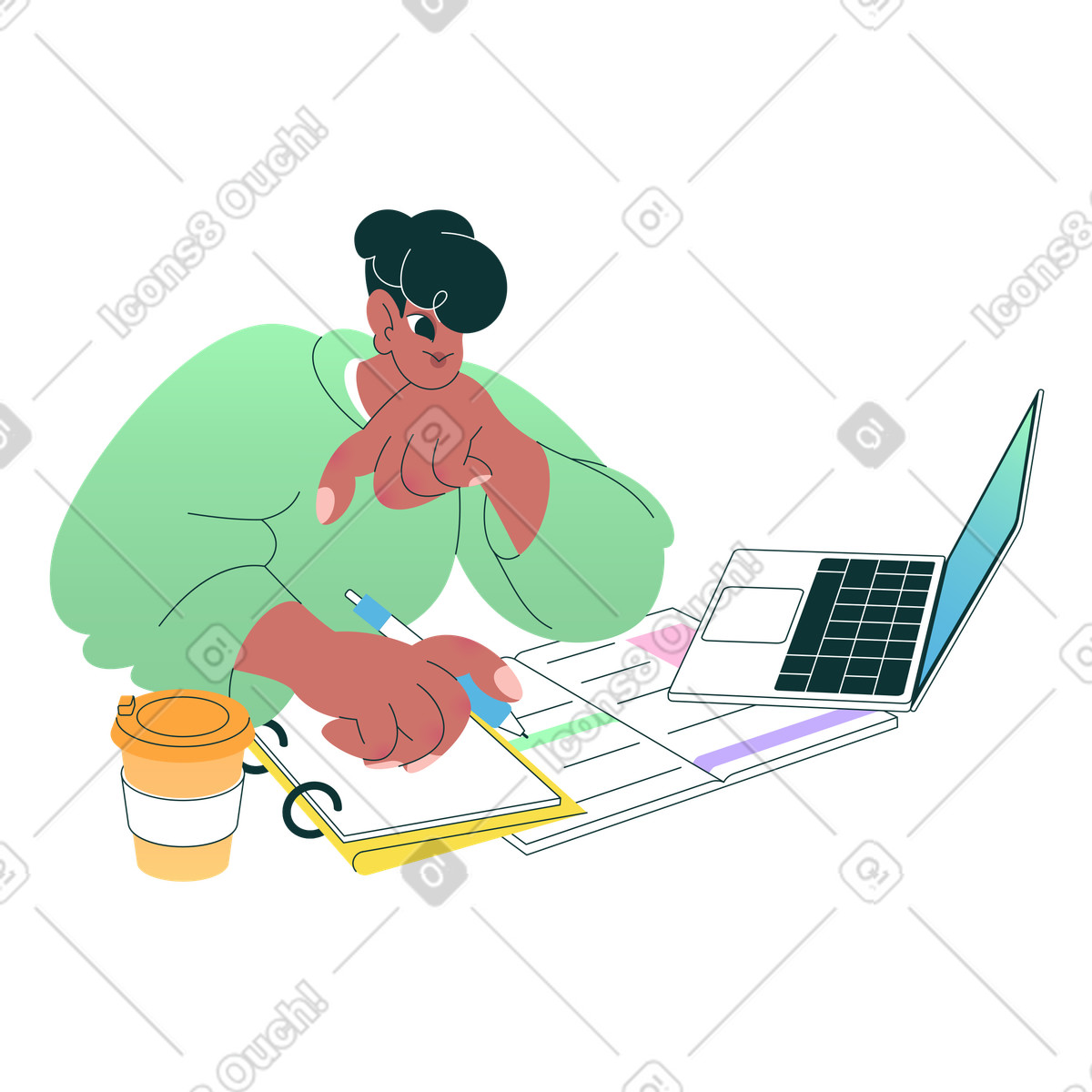 Studente che studia e prende appunti illustrazione animata in stile Florid scaricabile in GIF, Lottie (JSON), AE
