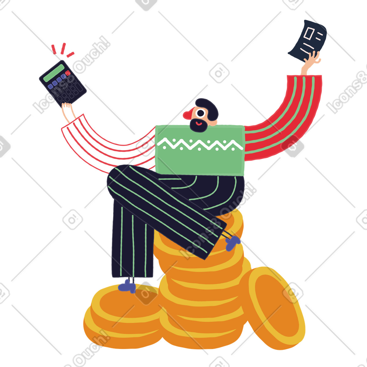 下载 Stripy 风格的 Man sitting on coins and holding calculator documents 插画，支持 PNG、SVG 格式