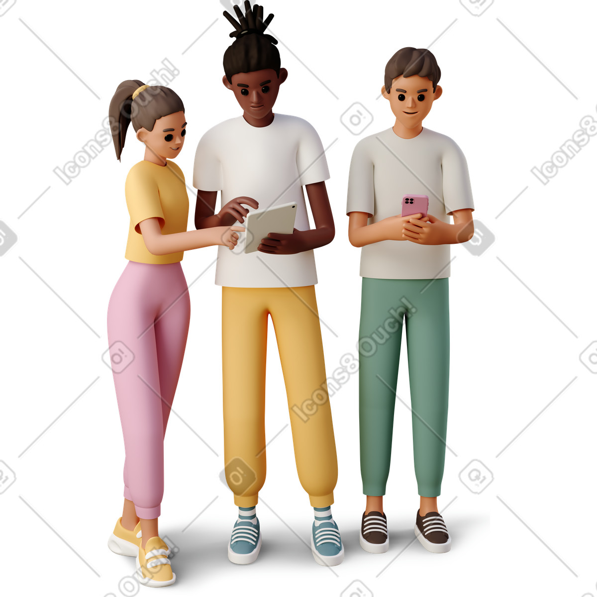 下载 3D Casual life 风格的 Young people looking at gadgets 插画，支持 PNG、SVG 格式
