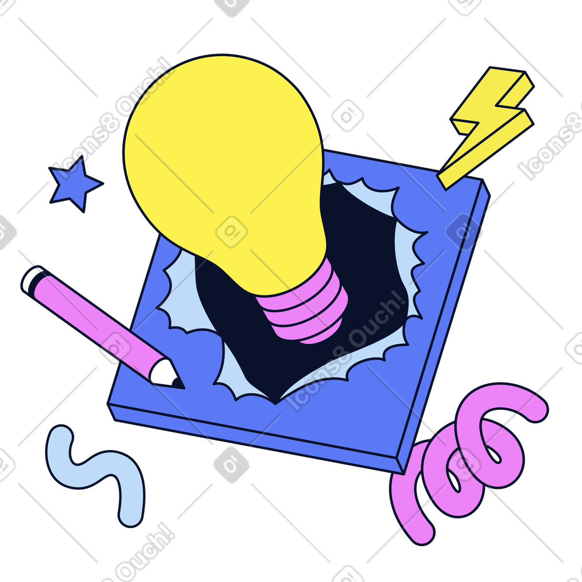Entstehung einer bahnbrechenden idee-Illustration im Flexy-Stil als Download in PNG, SVG