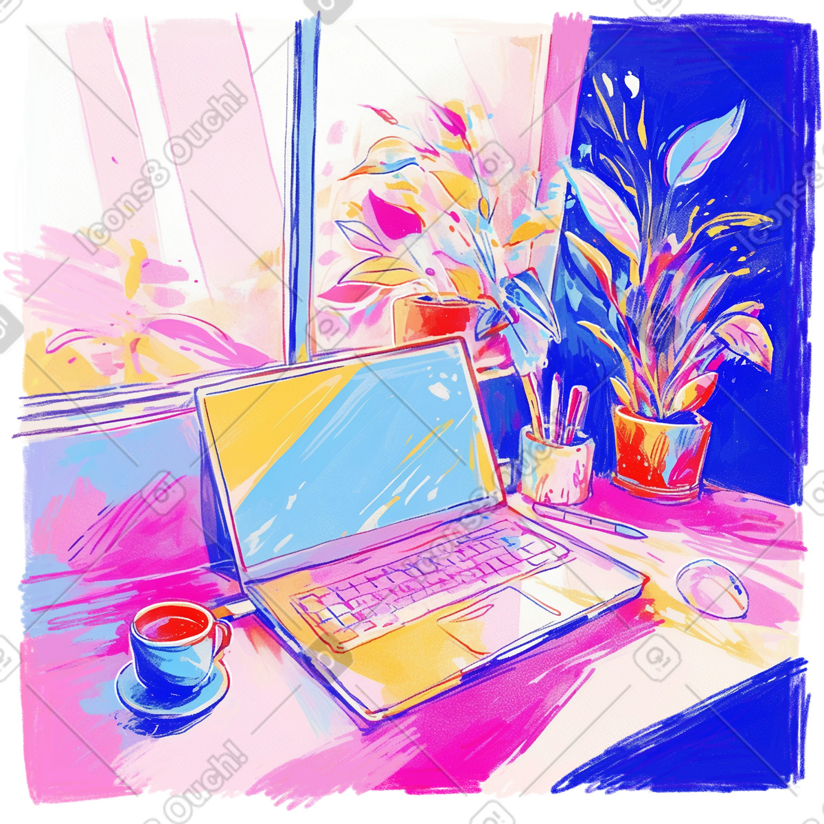 Workspace with laptop, coffee, and potted plants illustration in Fuchsia style download in PNG, SVG