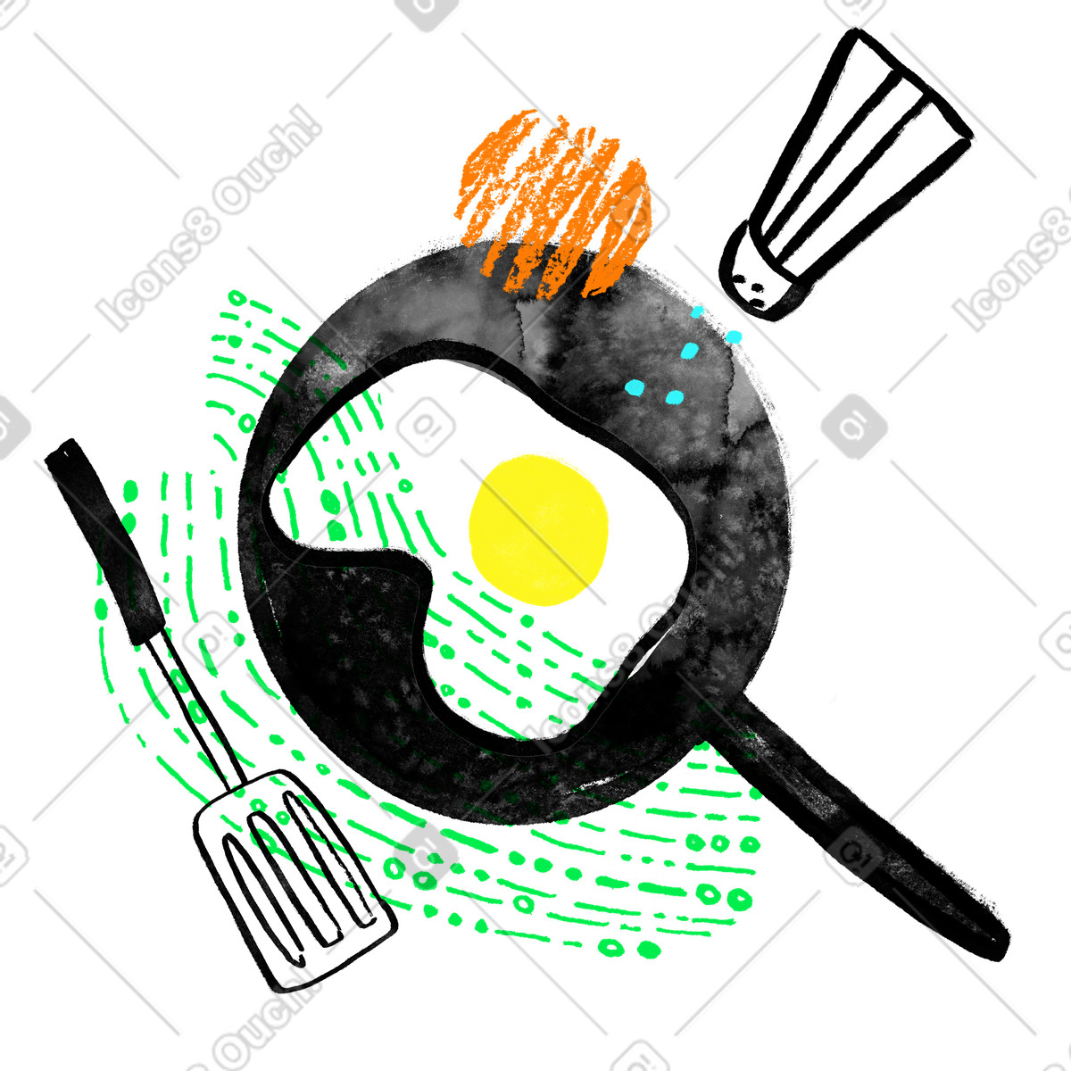 Cooking scrambled egg in a pan illustration Inky style download PNG, SVG