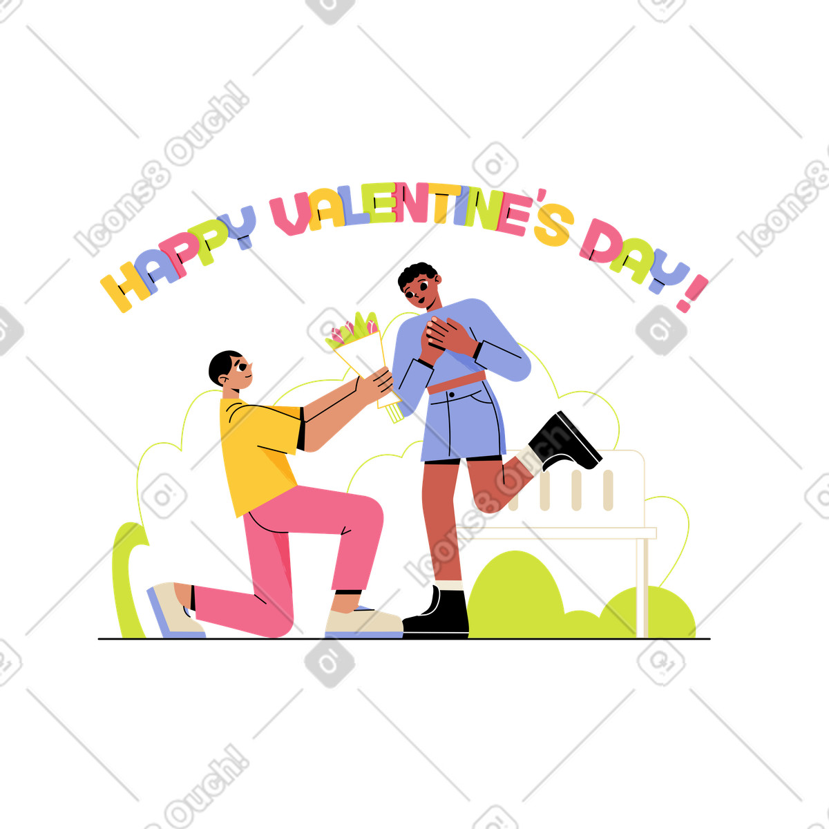 Ilustração de Couple in park with floral gift and Valentine's Day lettering, Love relationships em no estilo Juicy para baixar em PNG, SVG