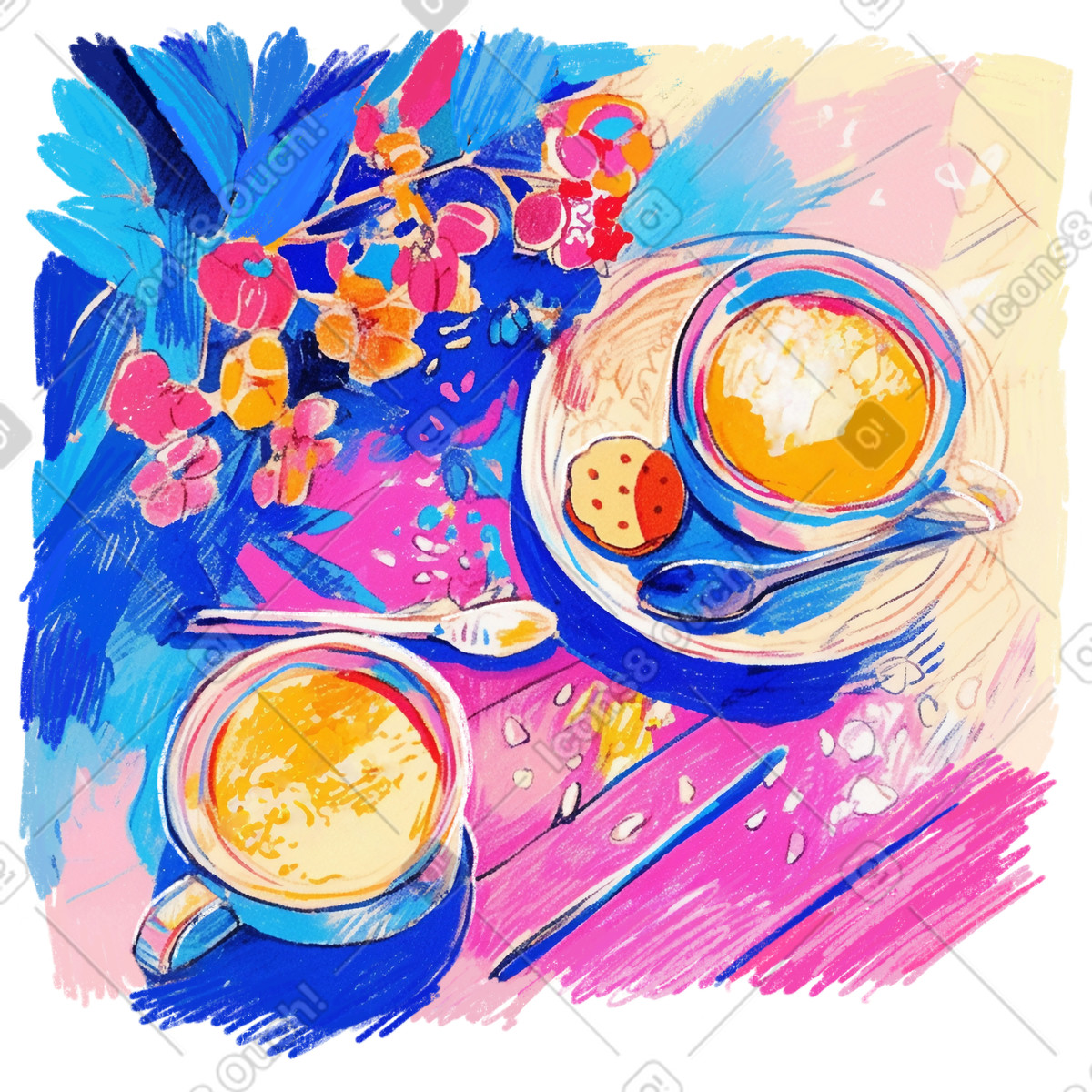Illustration Dessin au crayon de deux tasses à café sur une table dans le style Fuchsia télécharger aux formats PNG, SVG